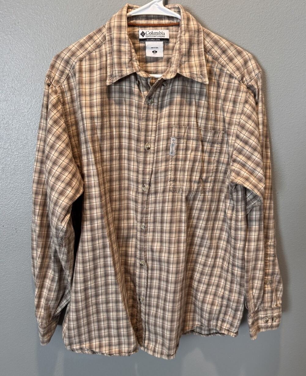 Columbia Long Sleeve Button Down Shirt Men’s M Brown Plaid 100% Cotton